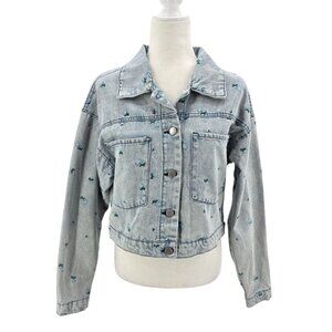NEW Ashely Vintage Charm Womens Small Jacket Light Denim Jean Embroidered Floral